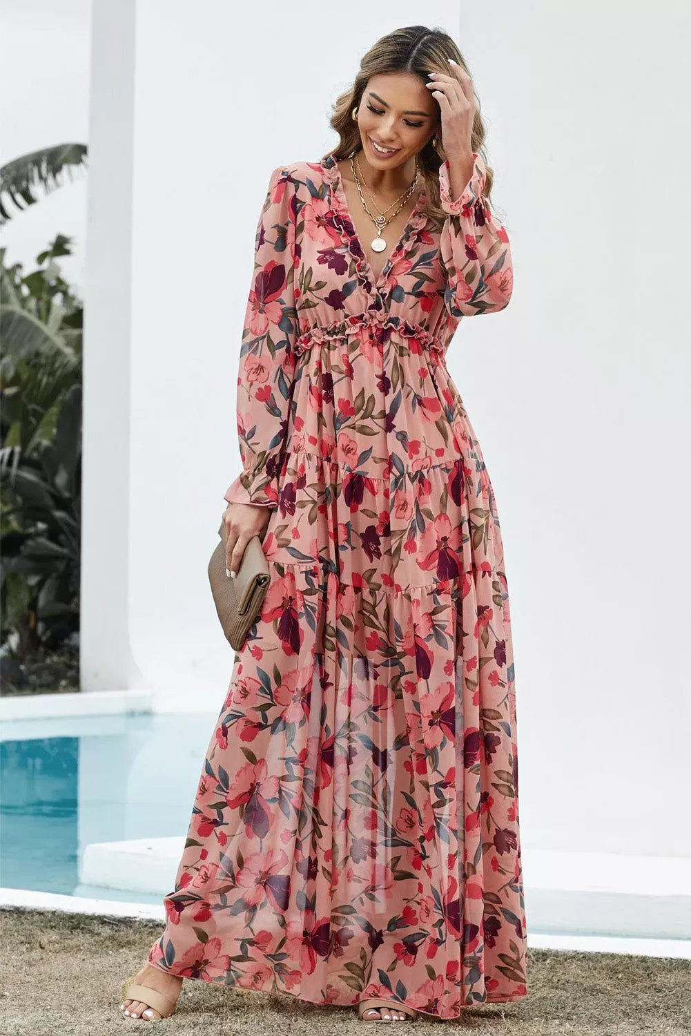 Floral Frill Trim Flounce Sleeve Plunge Maxi Dress Floral L