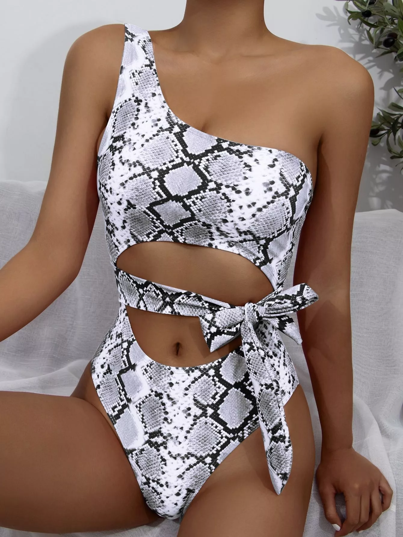 Snakeskin Print One Shoulder One Piece Swimsuit